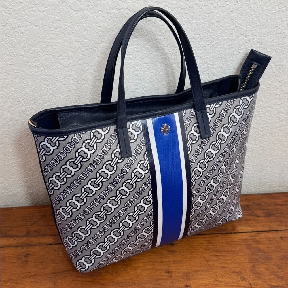 Tory Burch Gimini Link Canvas Satchel Navy and White Patterned Tote.